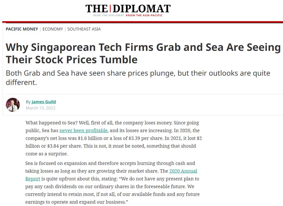 The Diplomat News - Why Singaporean Tech Firms Grab And Sea Are Seeing Their Stock Prices Tumble