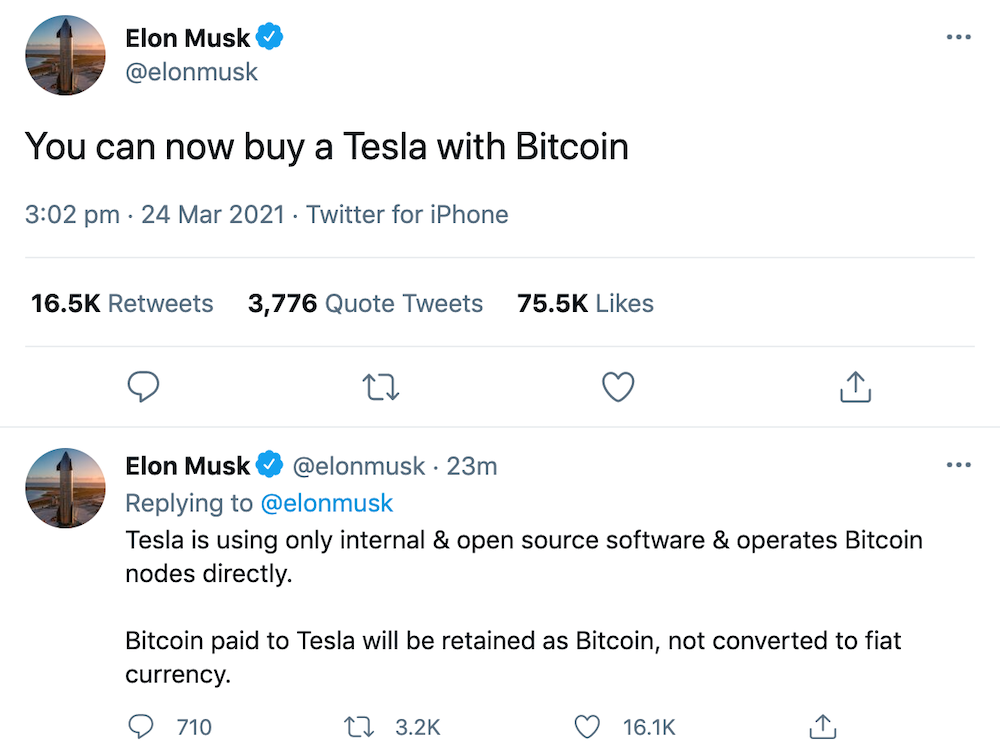 Elon Musk Tweet - Buying Tesla With Bitcoin