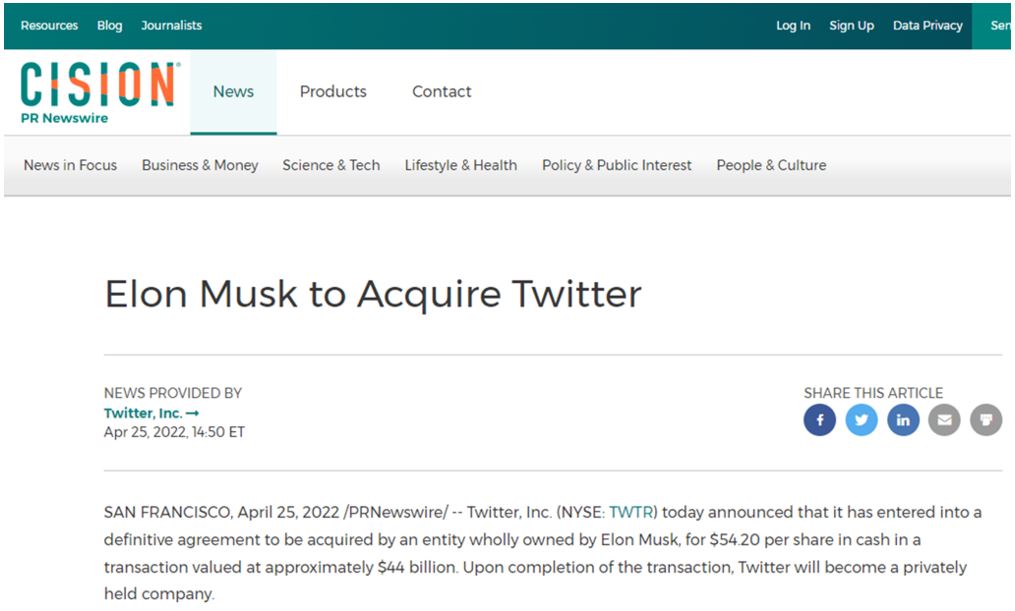 Cision PR Newswire - Elon Musk To Acquire Twitter