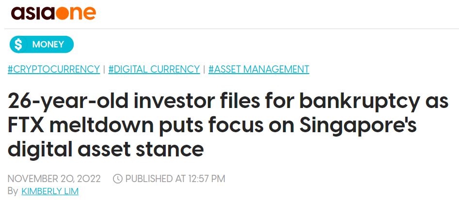 Asiaone - 26-year-old Investor Files For Bankruptcy As FTX Meltdown Puts Focus On Singapore's Digital Asset Stance