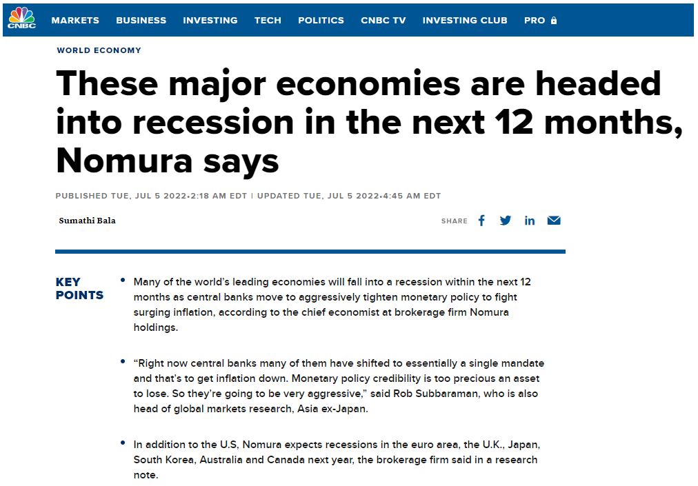 CNBC - These Major Economies Are Headed Into Recession In The Next 12 Months, Nomura Says