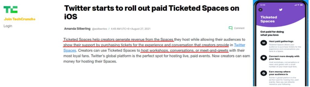 TechCruch+ - Twitter starts to roll out paid Ticketed Spaces on iOS