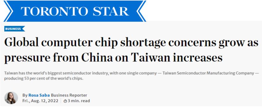 Toronto Star - Global Computer Chip Shortage Concerns Grow As Pressure From China On Taiwan Increases