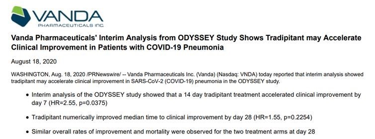 Vanda Pharmaceuticals' Interim Analysis From ODYSSEY Study Shows Tradipitant May Accelerate Clinical Improvement In Patients With Covid-19 Pneumonia