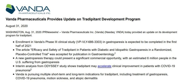 Vanda Pharmaceuticals Provide Update On Tradipitant Development Program