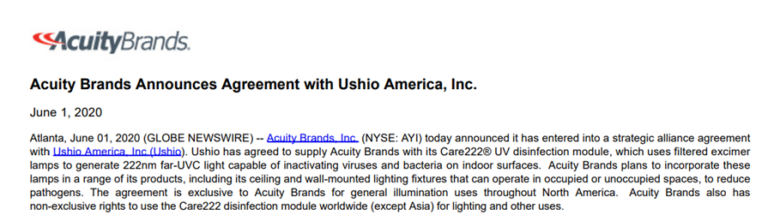 Acuity Brands Agreement With Ushio America, Inc.