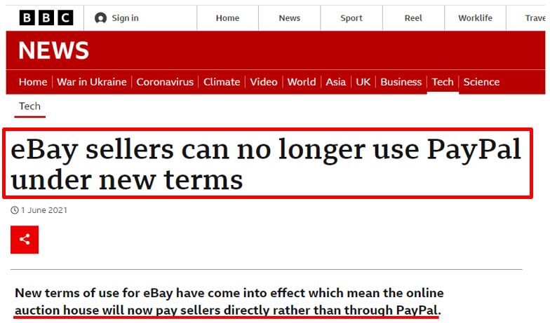 BBC News - eBay Sellers Can No Longer User PayPal Under New Terms