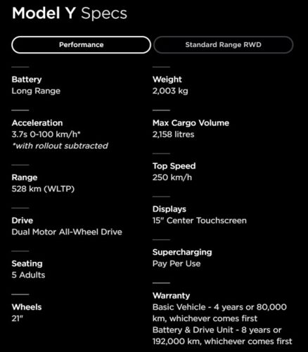 Tesla Model Y specs